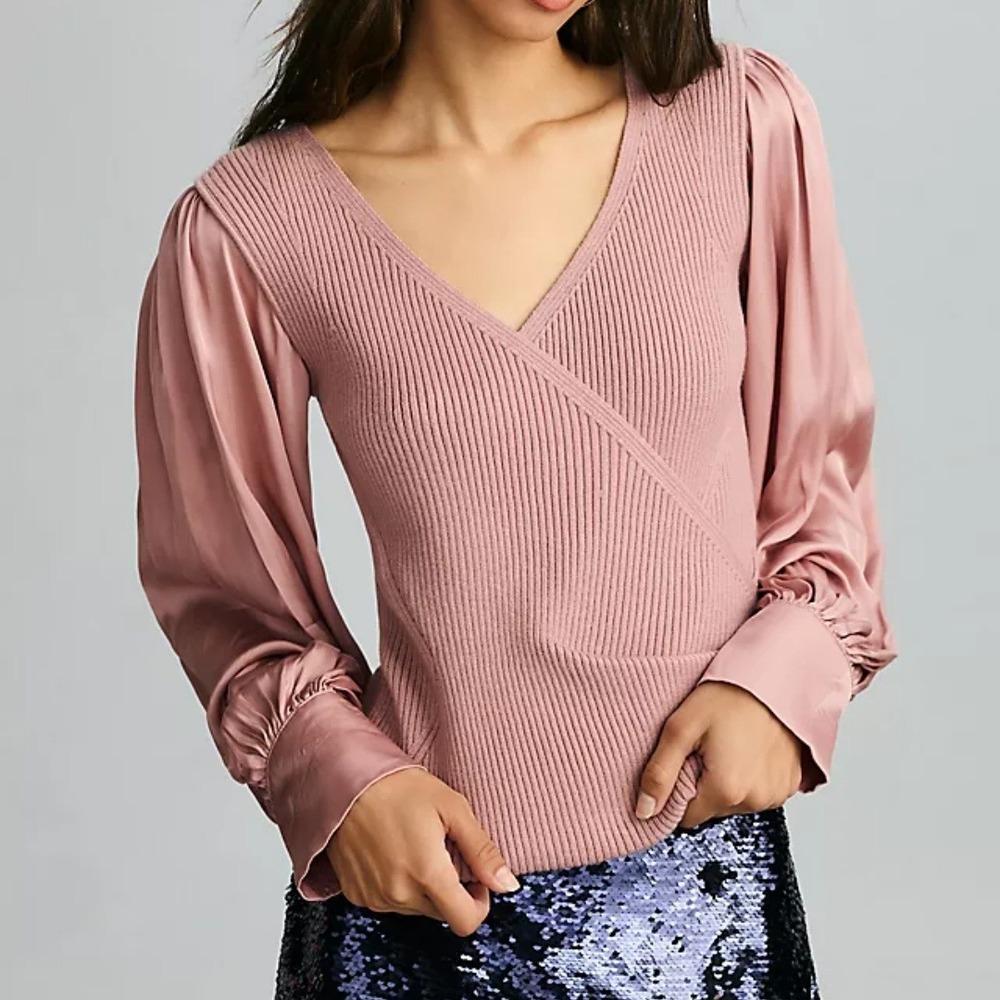 by Anthropologie Twofer Faux Wrap Top Blouse Sz XXS Rose Pink Ribbed Puff Sleeve